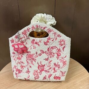Ivory Beaded Tote with Pink Floral Embroidery